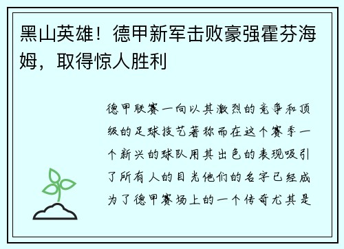 黑山英雄！德甲新军击败豪强霍芬海姆，取得惊人胜利